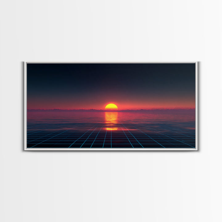 Retro Futuristic Sunset Over Ocean With Neon Grid Horizon Wall Art Modern Digital Canvas Print For Home