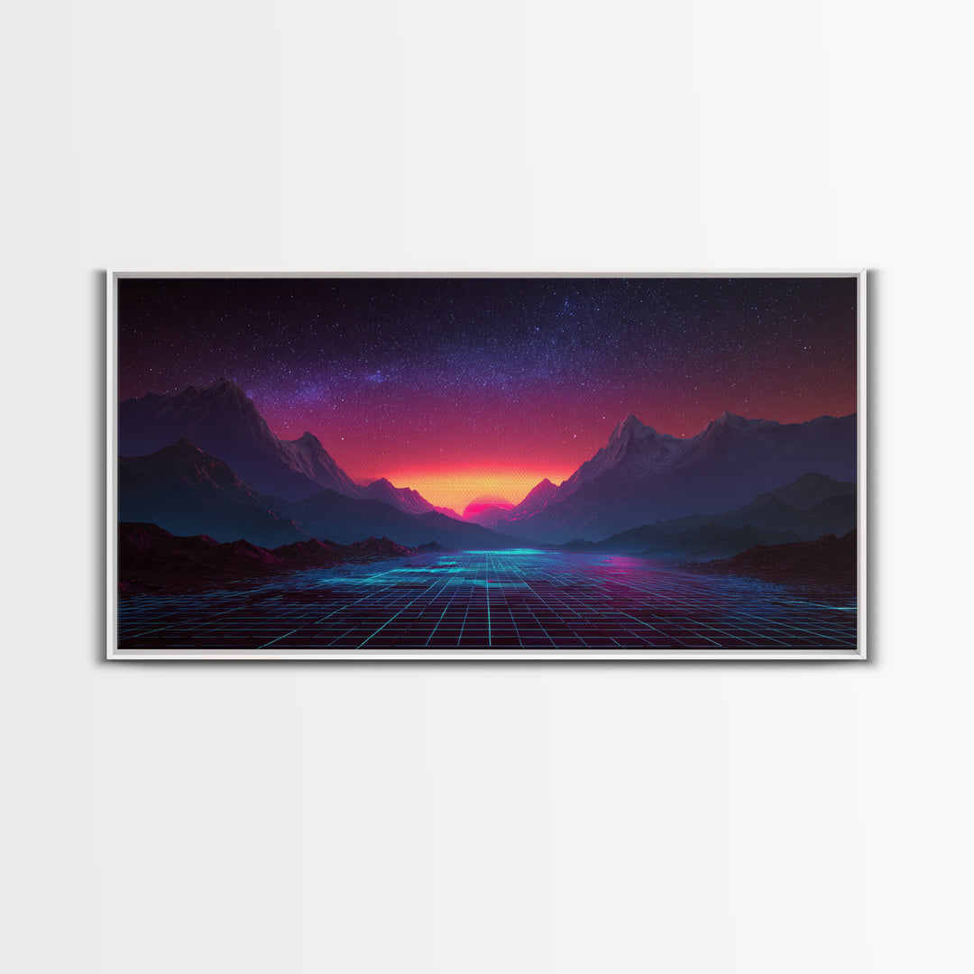 Futuristic Cyberpunk Landscape With Neon Mountains And Grid Canvas Print Modern Wall Art Home Decor Abstract Wall Decor