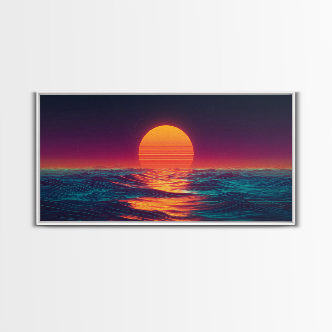 Retro Futuristic Neon Sunset Over Ocean Vibrant Wave Wall Art Canvas Print For Modern Living Room Decor