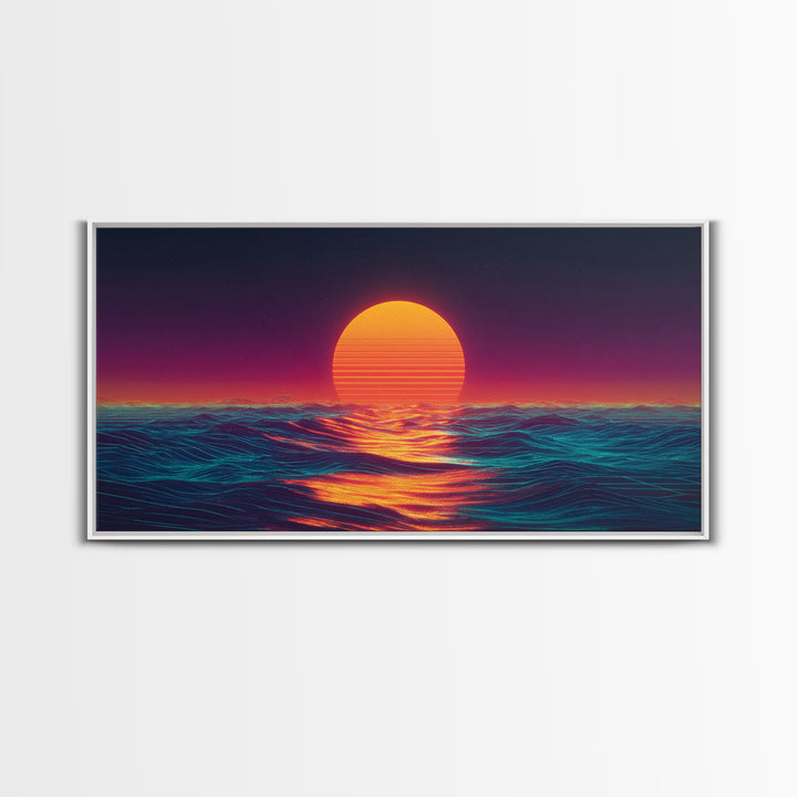 Retro Futuristic Neon Sunset Over Ocean Vibrant Wave Wall Art Canvas Print For Modern Living Room Decor