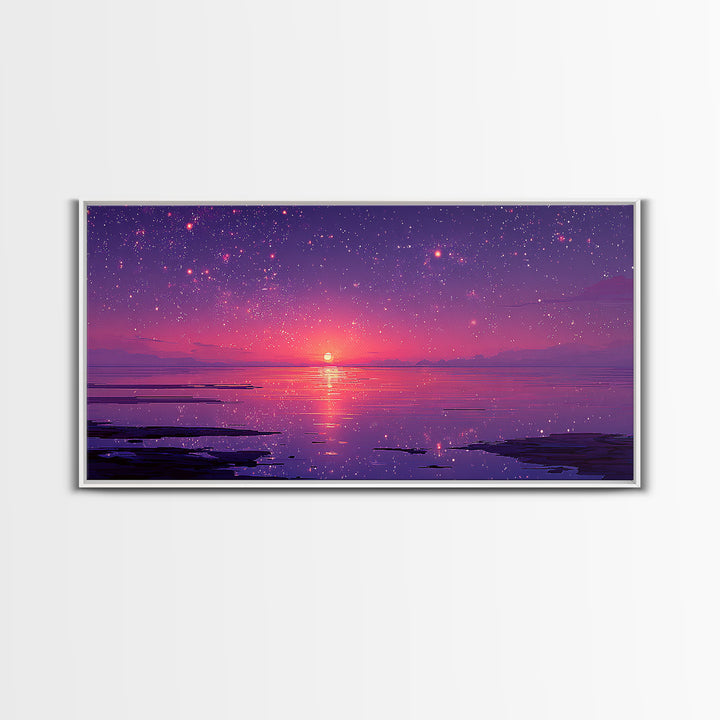 Starry Purple Night Sunset Over Calm Lake Landscape Wall Art Framed Canvas Print With Dreamy Celestial Sky And Tranquil Water Reflections