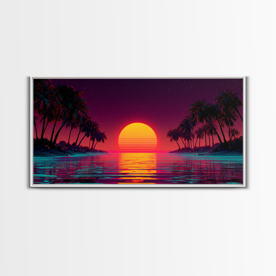 Vibrant Sunset Over Tropical Beach With Palm Trees Canvas Print Colorful Wall Art Modern Coastal Decor