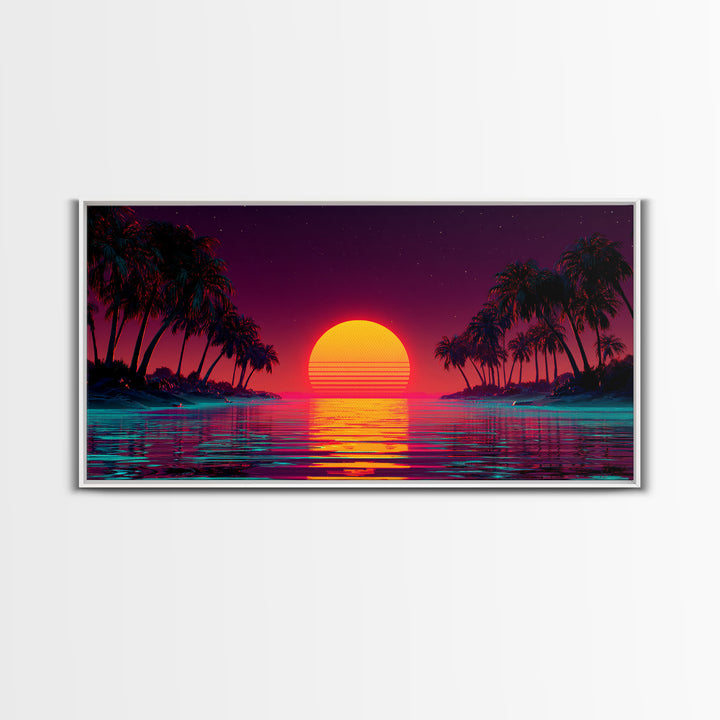 Vibrant Sunset Over Tropical Beach With Palm Trees Canvas Print Colorful Wall Art Modern Coastal Decor