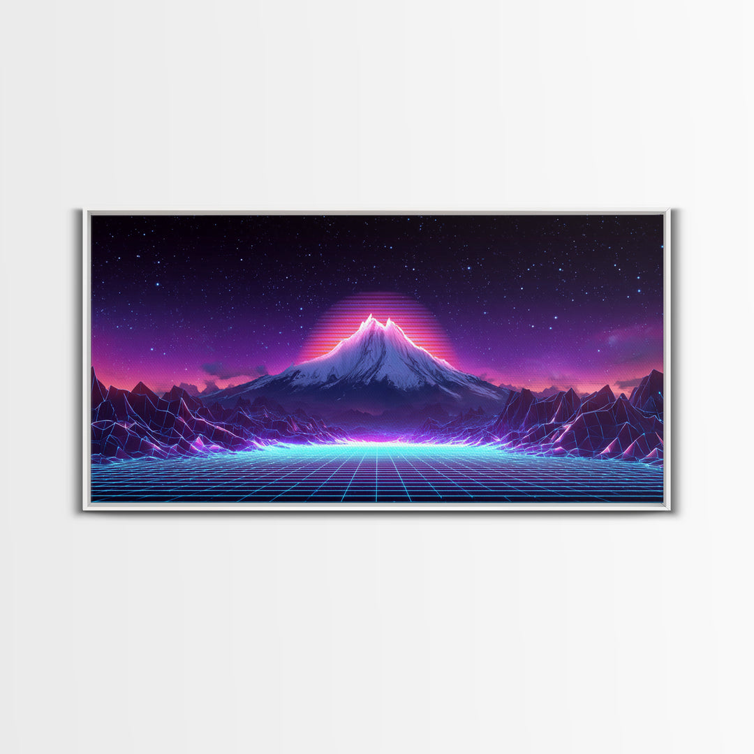 Retro Futuristic Digital Landscape Of Neon Grid And Majestic Mountain Scene Wall Art Modern Canvas Print For Unique Decor