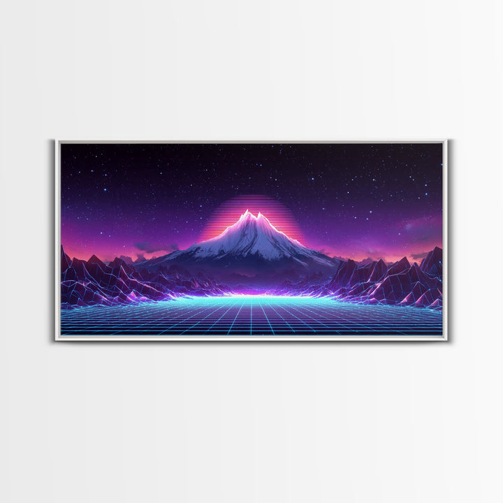 Retro Futuristic Digital Landscape Of Neon Grid And Majestic Mountain Scene Wall Art Modern Canvas Print For Unique Decor