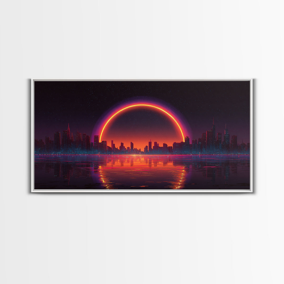 Vibrant Futuristic Cyberpunk Cityscape With Neon Sunset Reflection Wall Art Canvas Print Bright Modern Home Office Decor