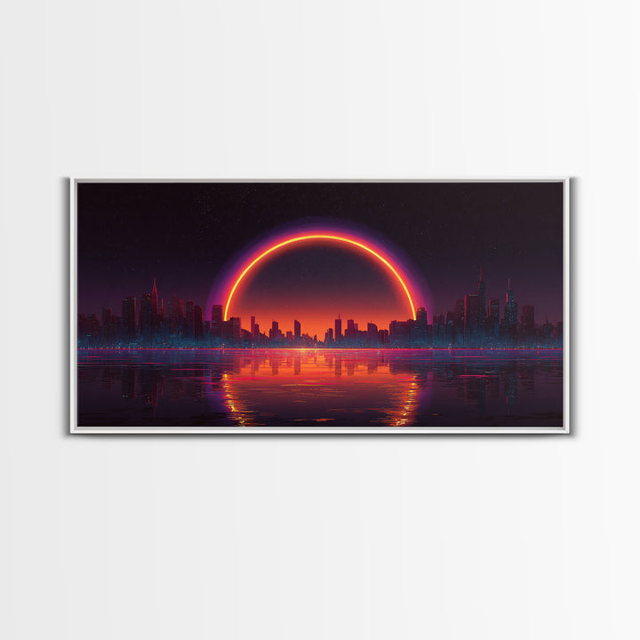 Vibrant Futuristic Cyberpunk Cityscape With Neon Sunset Reflection Wall Art Canvas Print Bright Modern Home Office Decor