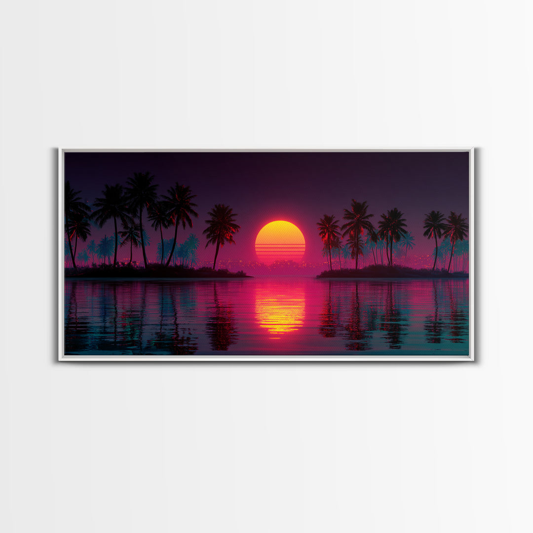 Vibrant Retro Sunset With Palm Trees Coastal Wall Art Framed Canvas Print For Tropical Home Decor