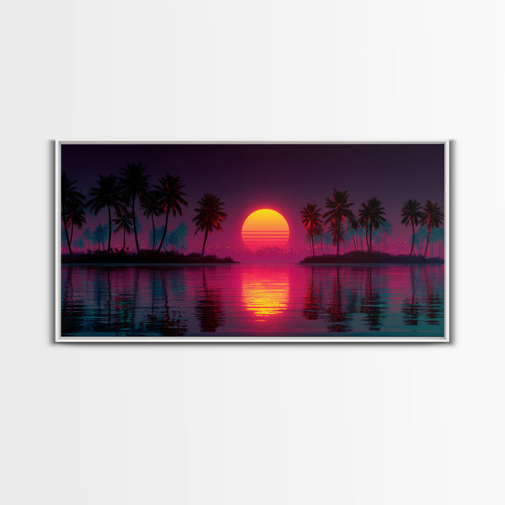 Vibrant Retro Sunset With Palm Trees Coastal Wall Art Framed Canvas Print For Tropical Home Decor