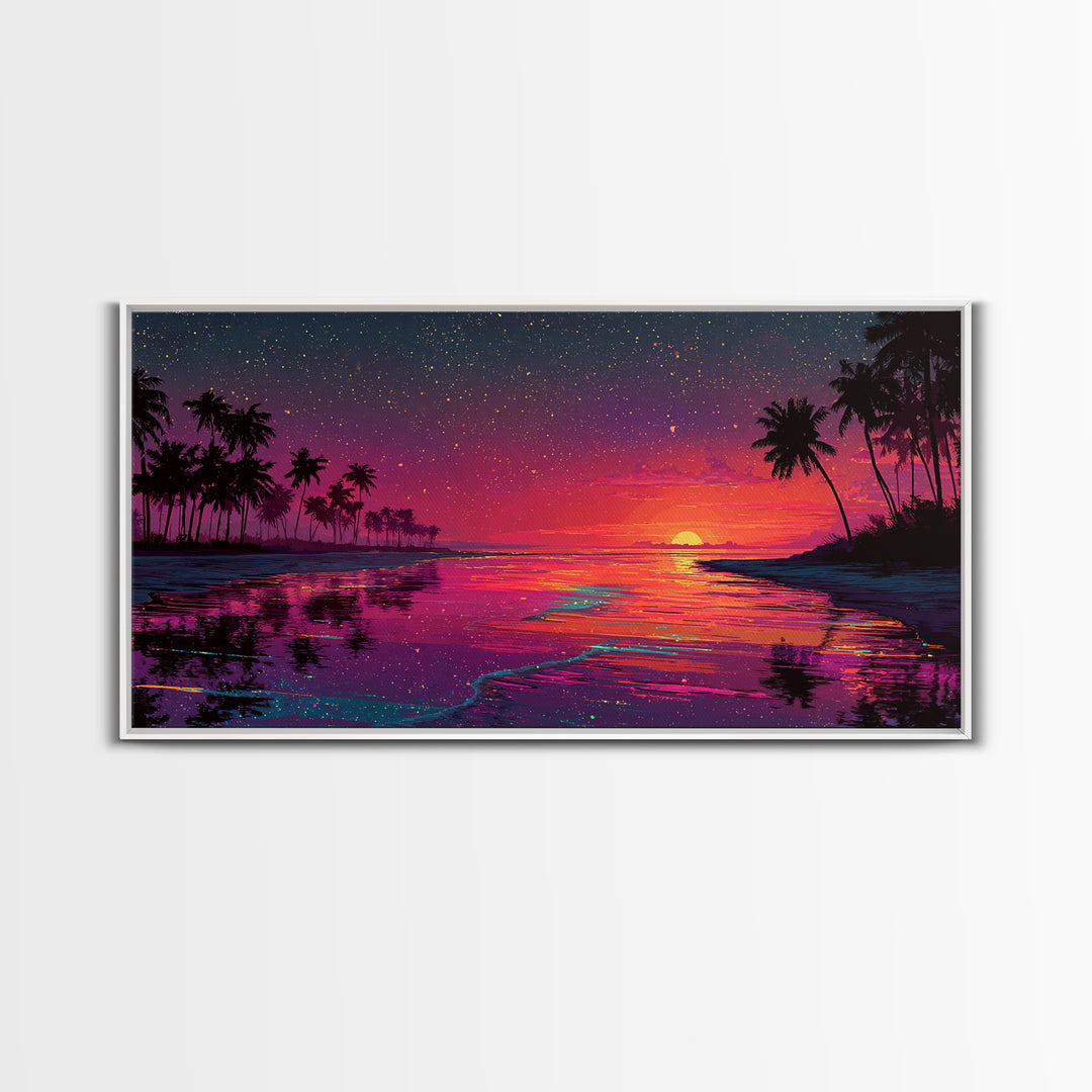 Vibrant Sunset Over Tropical Beach With Palm Trees And Colorful Reflection Canvas Print Modern Wall Art