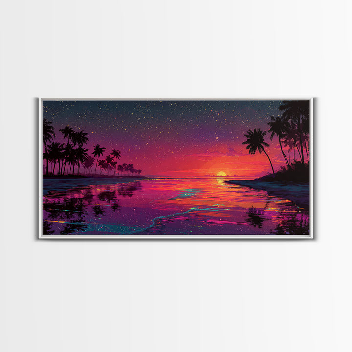 Vibrant Sunset Over Tropical Beach With Palm Trees And Colorful Reflection Canvas Print Modern Wall Art
