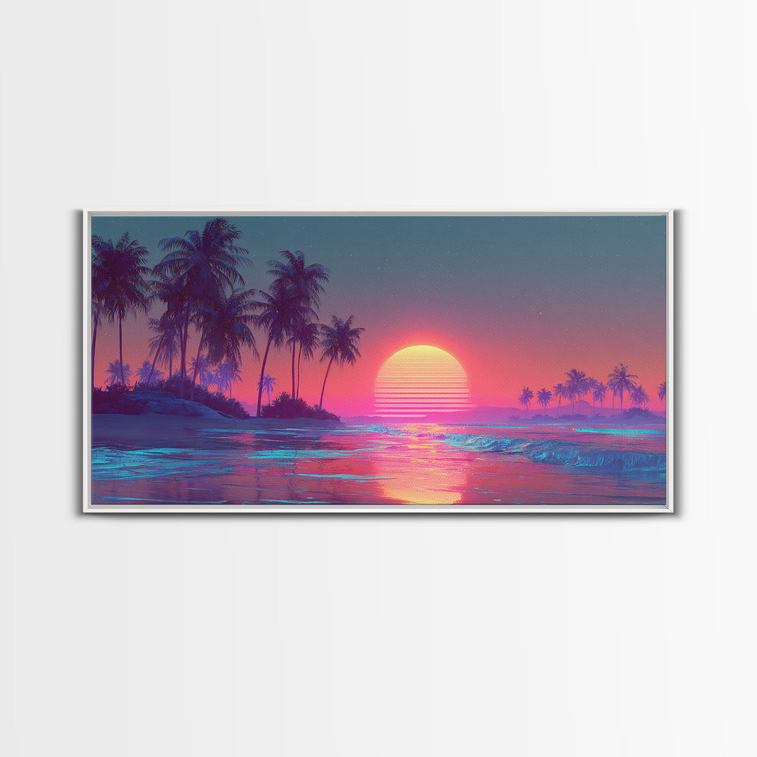Pink And Blue Vibrant Tropical Beach Sunset With Palm Trees Coastal Wall Art Canvas Print Modern Boho Home Decor For Living Room Or Bedroom