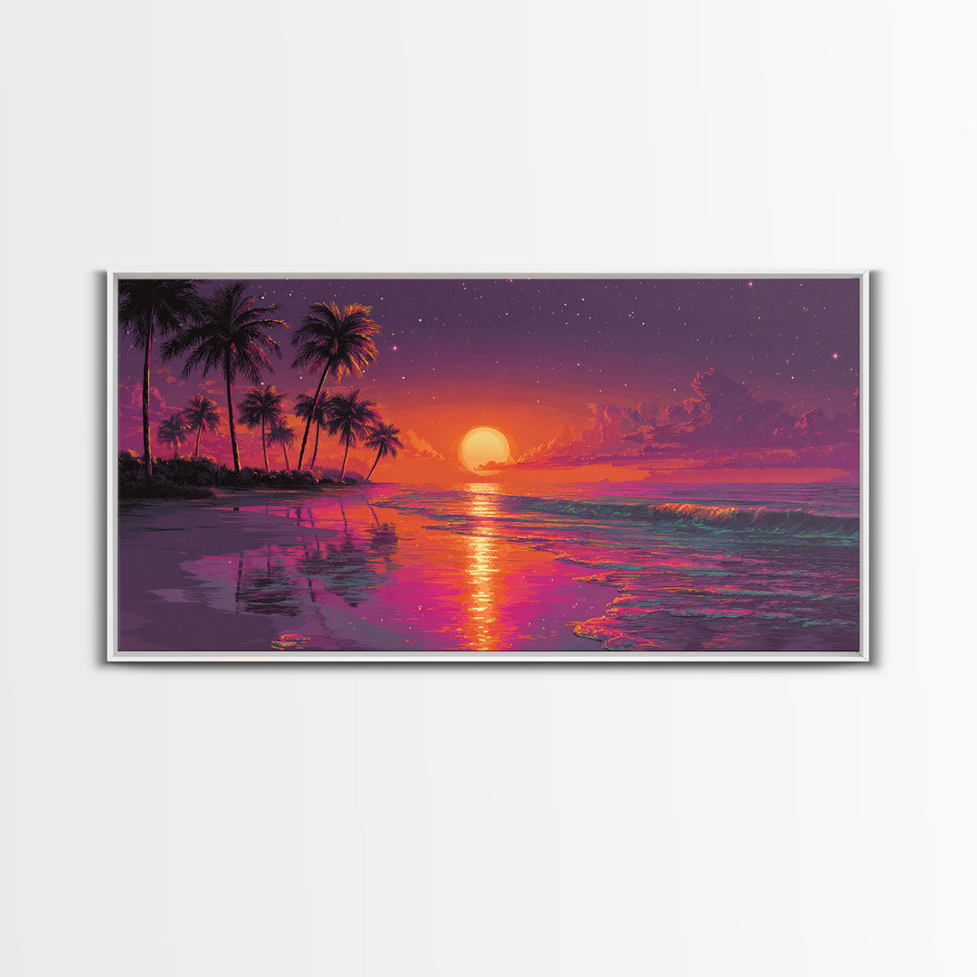 Vibrant Abstract Landscape With Neon Sunset And Mountains Canvas Print Modern Wall Art Contemporary Decor Living Room Art