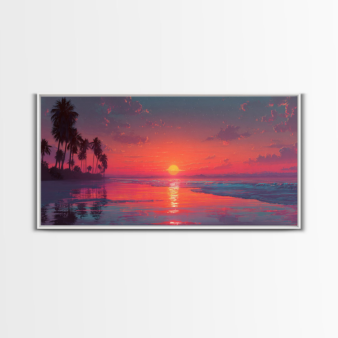 Tropical Sunset Over Calm Ocean With Palm Trees Beautiful Nature Scene Wall Art Framed Canvas Print For Home Decor