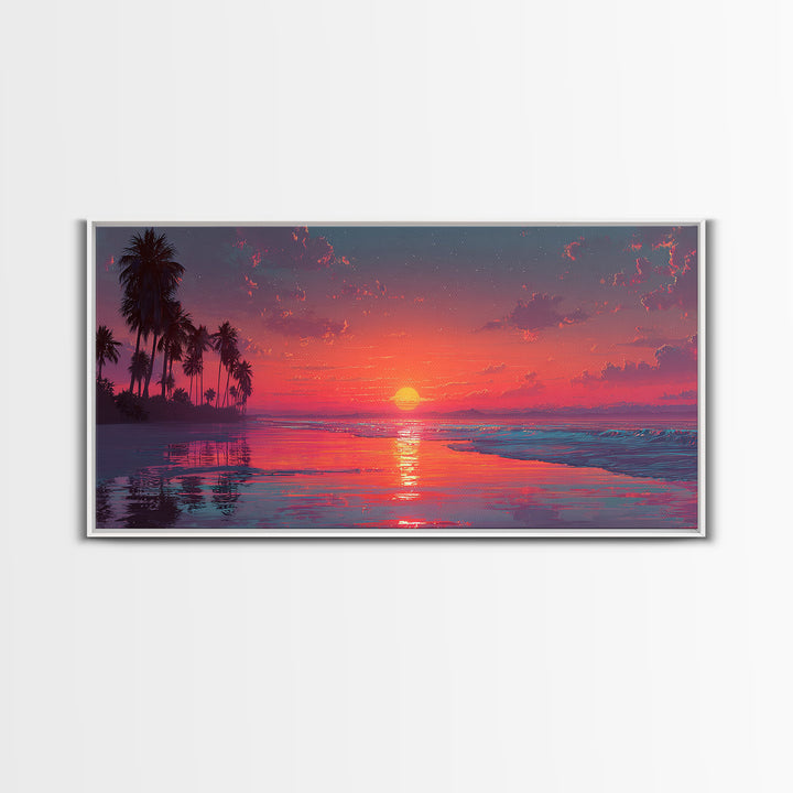 Tropical Sunset Over Calm Ocean With Palm Trees Beautiful Nature Scene Wall Art Framed Canvas Print For Home Decor