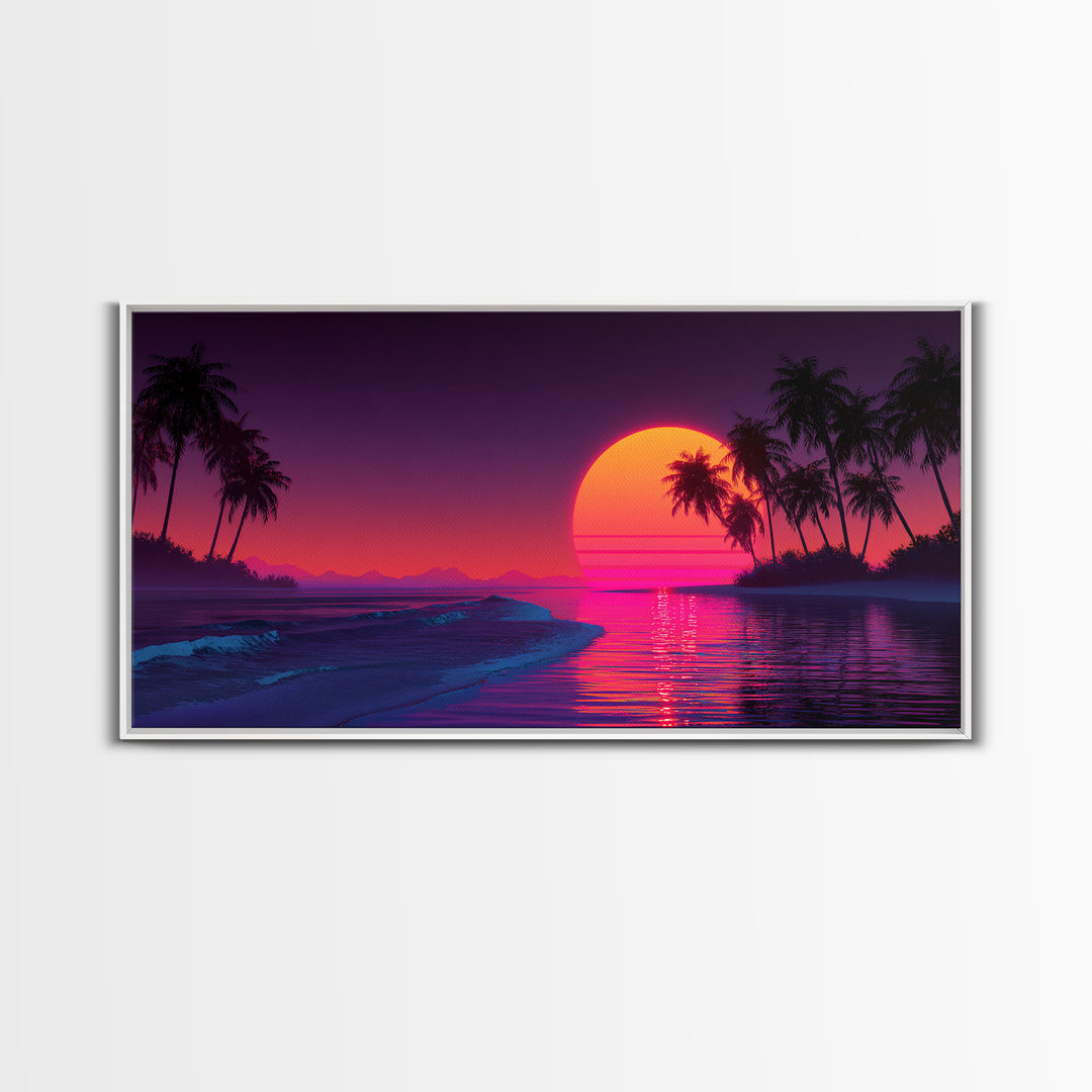 Retro Neon Sunset Over Ocean With Palm Trees And Vibrant Pink Horizon Tropical Wall Art Framed Canvas Print For Coastal Decor