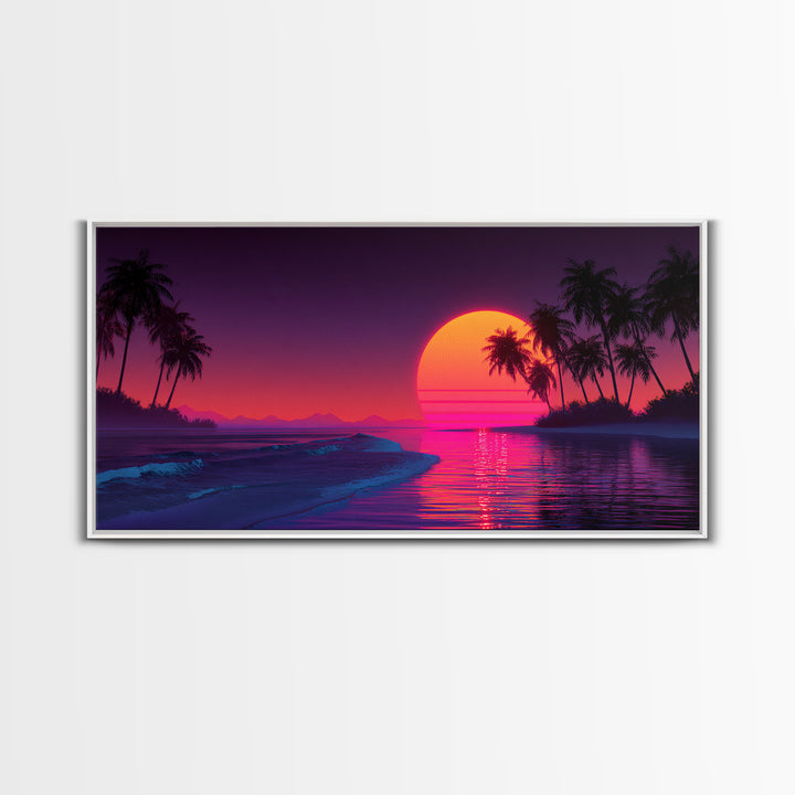 Retro Neon Sunset Over Ocean With Palm Trees And Vibrant Pink Horizon Tropical Wall Art Framed Canvas Print For Coastal Decor