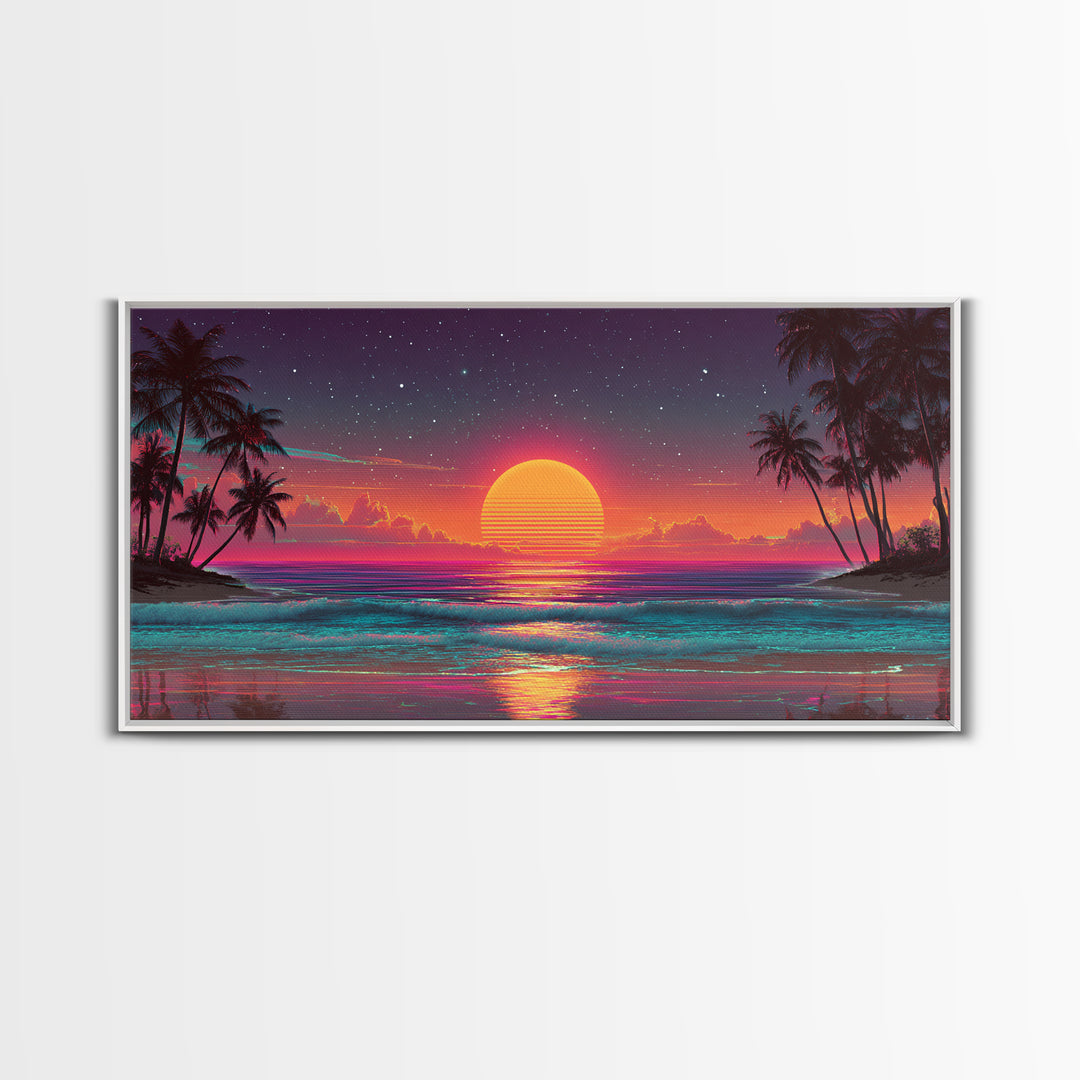 80s Style Digital Sunset Beach Scene With Palm Trees Retro Aesthetic Coastal Wall Art