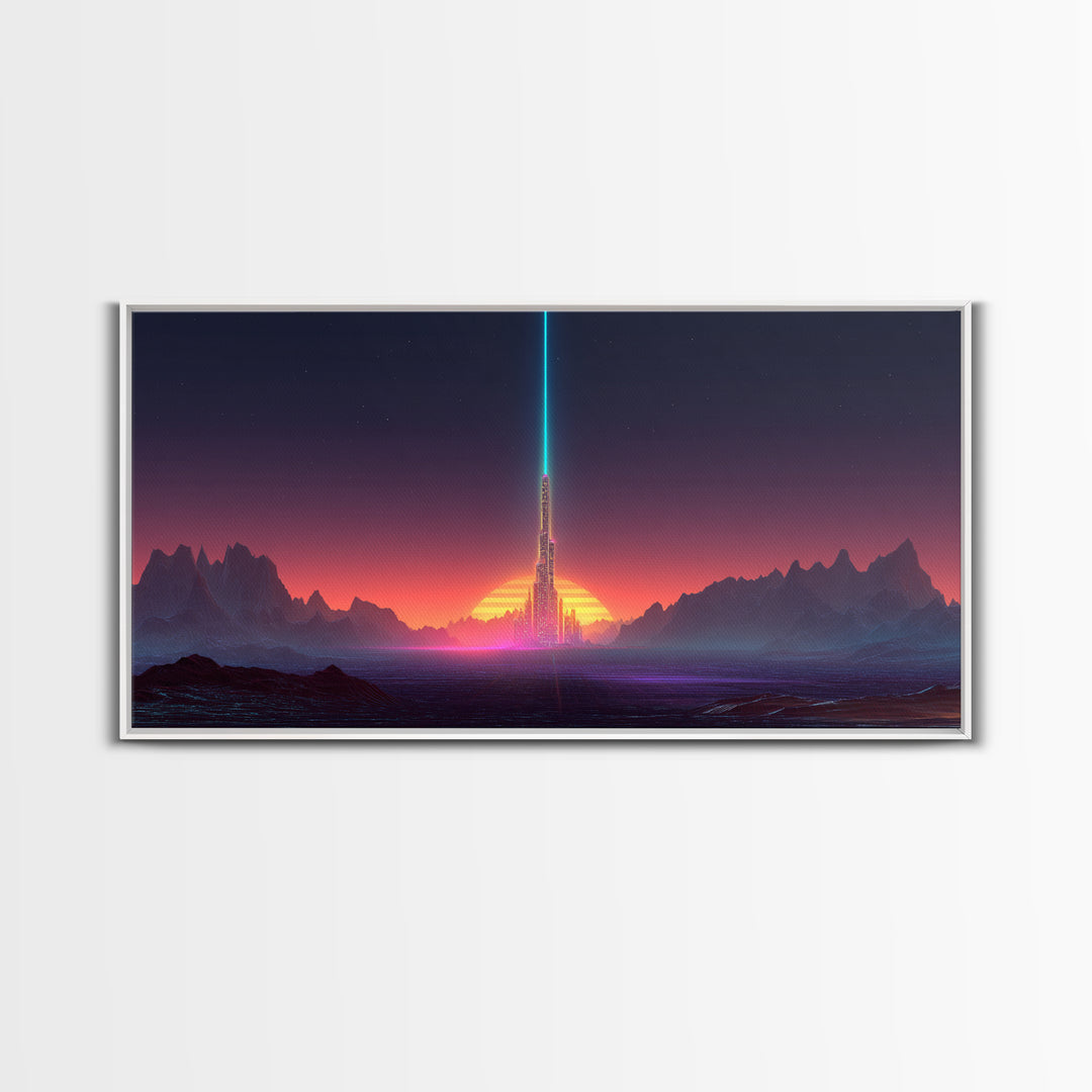 Digital Art Cityscape With Tower And Neon Beam At Sunset Colorful Futuristic Wall Art Framed Canvas Print