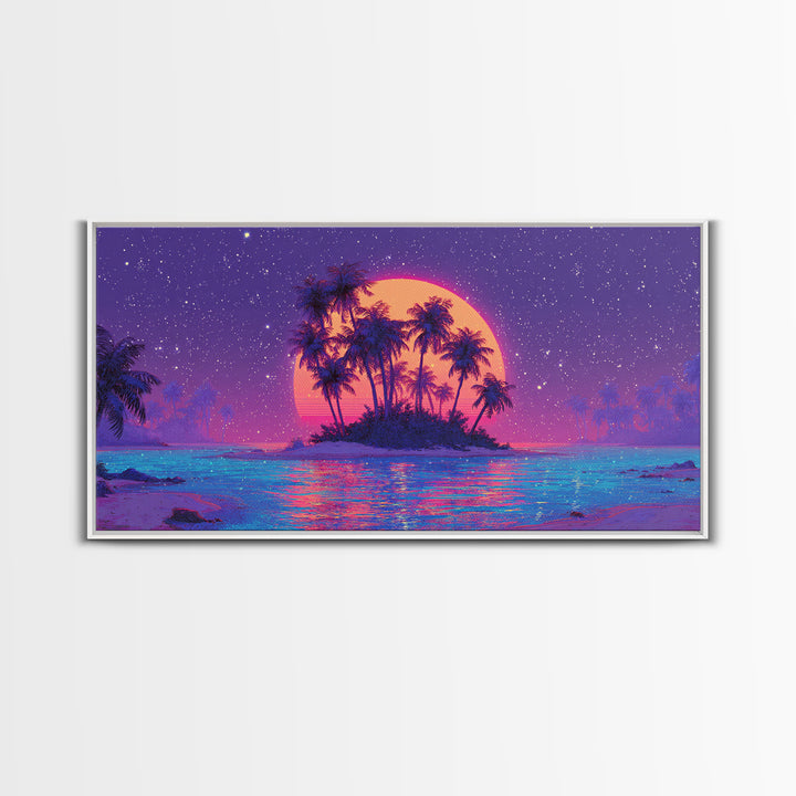 Vibrant Neon Sunset Over Tropical Island With Palm Trees Canvas Print For Modern Wall Art Home Decor