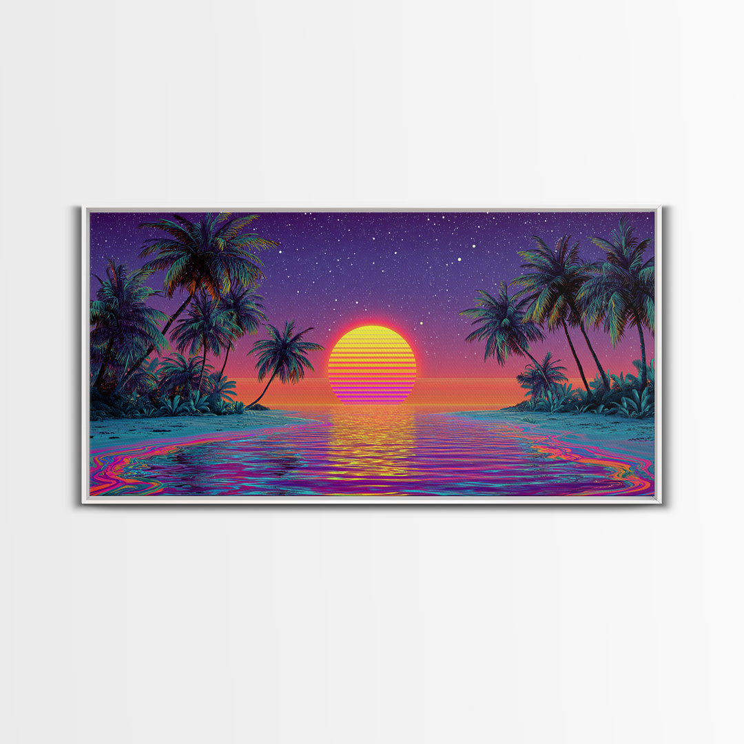 Vibrant Neon Tropical Sunset With Palm Trees And Starry Sky Beach Wall Art Modern Wall Decor Canvas Print