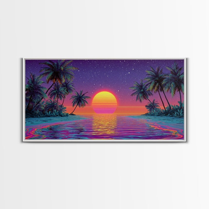Vibrant Neon Tropical Sunset With Palm Trees And Starry Sky Beach Wall Art Modern Wall Decor Canvas Print