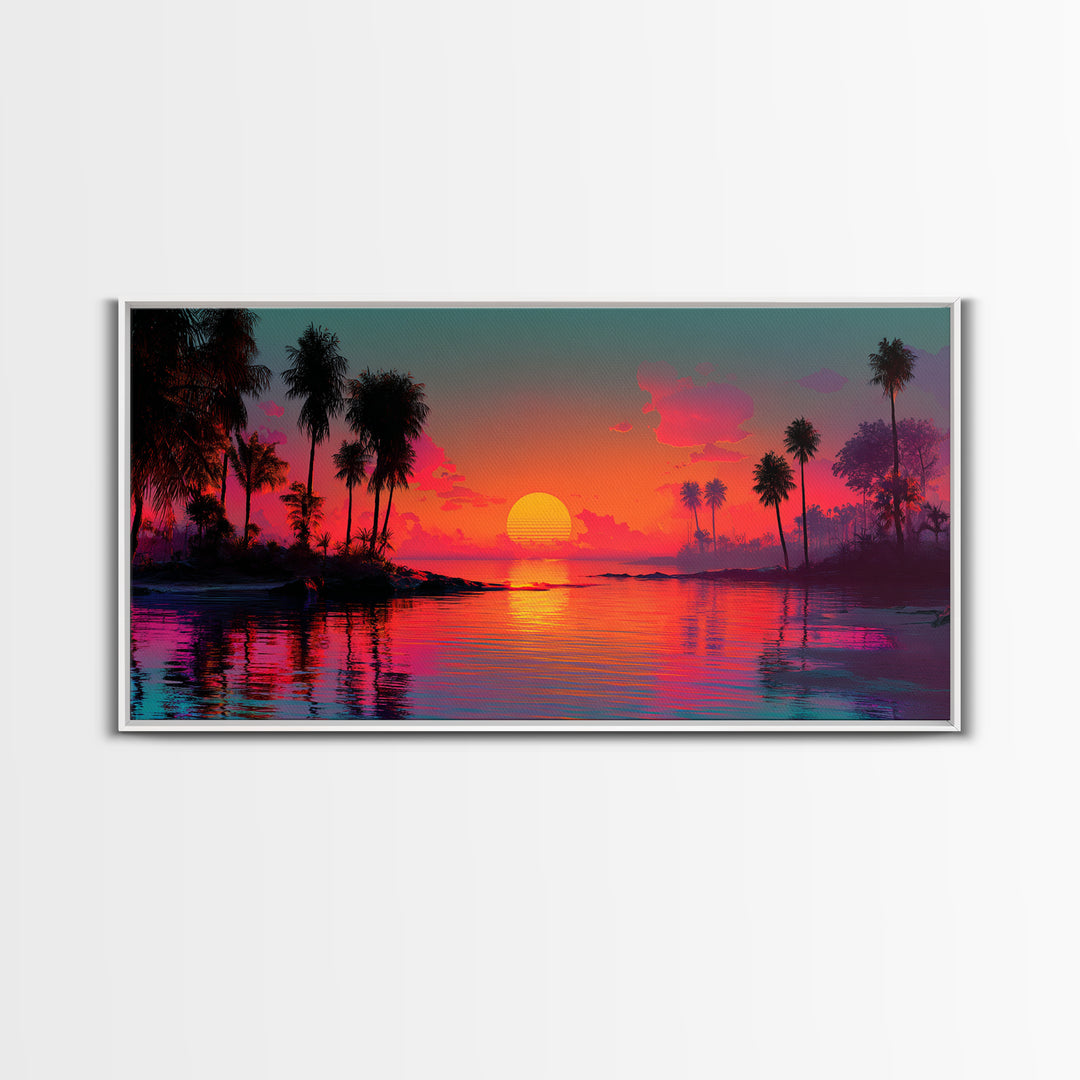 Vivid Pink Orange Tropical Sunset Over Calm Ocean With Palm Trees Coastal Wall Art Framed Canvas Print Bohemian Beach Home Decor Wall Decor