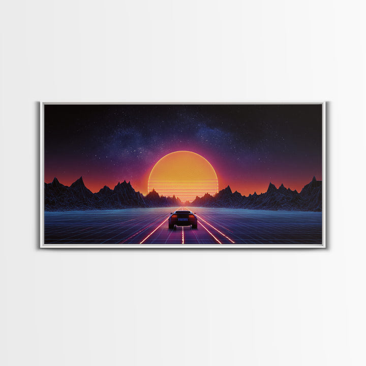 Retro Futuristic 80s Style Neon Sunset With Grid Road And Mountains Vibrant Digital Artwork Ideal For Gaming Room Wall Art And Modern Home Decor Canvas Print