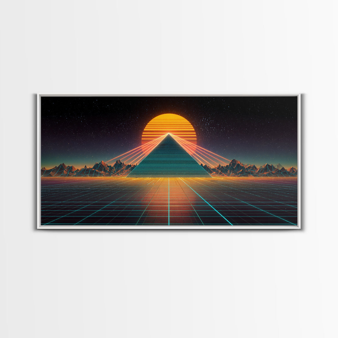 Futuristic Neon Pyramid With Laser Lights At Sunset Digital Artwork, Modern Wall Art Framed Canvas Print For Contemporary Home Decor