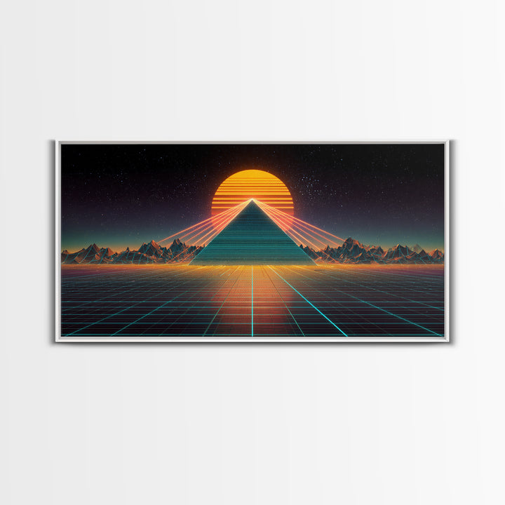 Futuristic Neon Pyramid With Laser Lights At Sunset Digital Artwork, Modern Wall Art Framed Canvas Print For Contemporary Home Decor