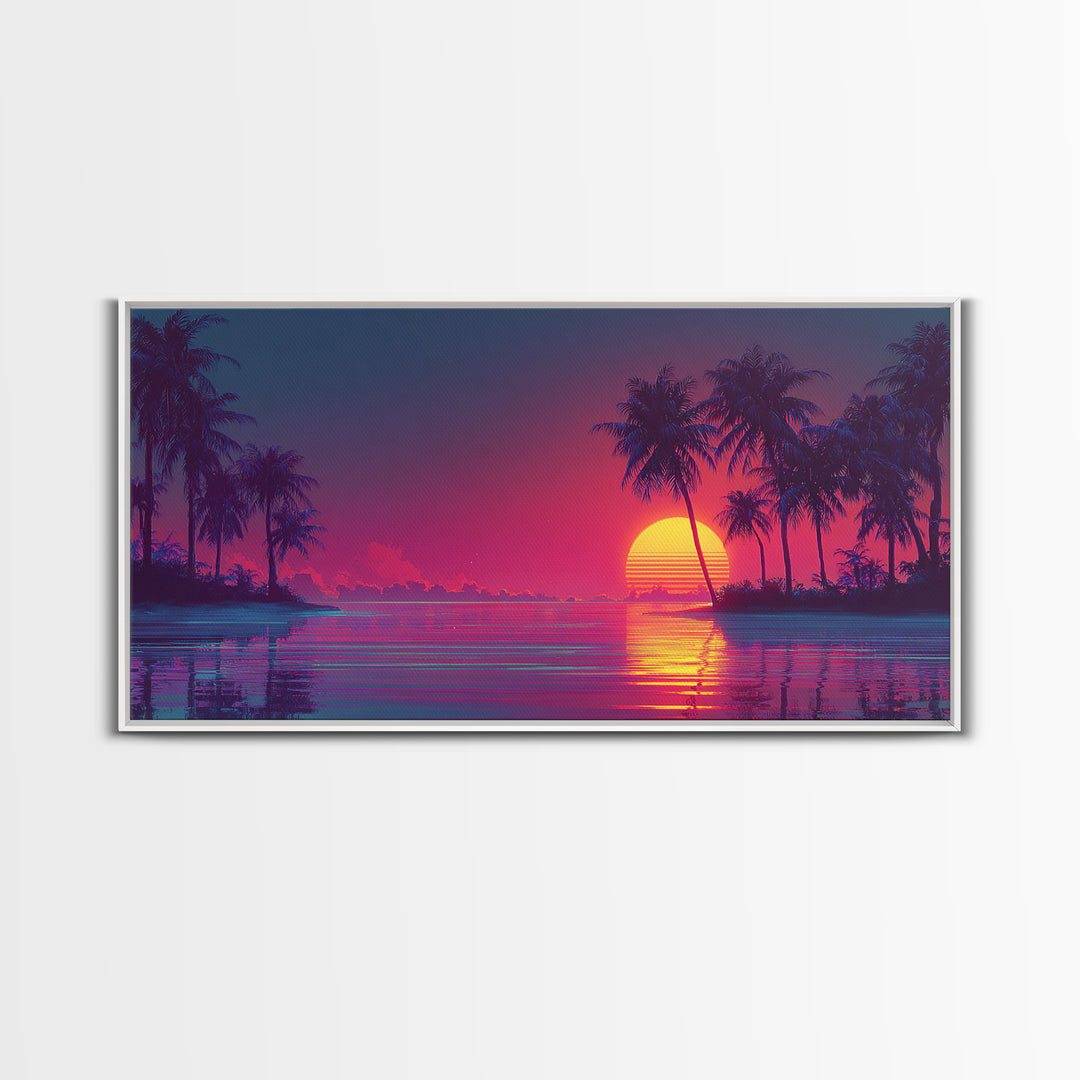 Vibrant Retro Sunset Beach Scene With Palm Trees And Ocean Reflection Wall Art