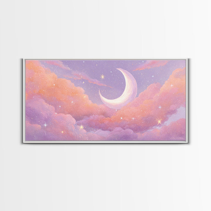 Pastel Crescent Moon In Pink Clouds Wall Art, Celestial Nursery Decor, Dreamy Bedroom Print, Whimsical Starry Sky, Aesthetic Room Decor