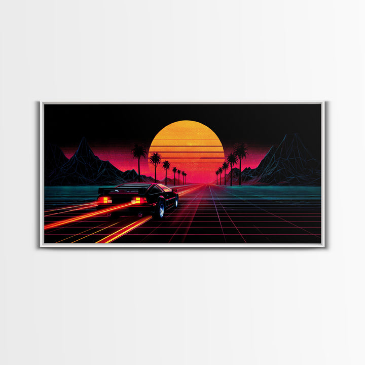 Retro Futuristic Sunset With Sportscar And Palm Trees Neon Vibes Canvas Print For Gaming Room Or Office Decor