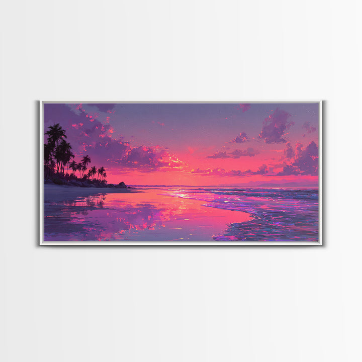 Peaceful Pink Sunset At Tropical Beach Ocean Landscape Wall Art Framed Canvas Print Coastal Home Decor