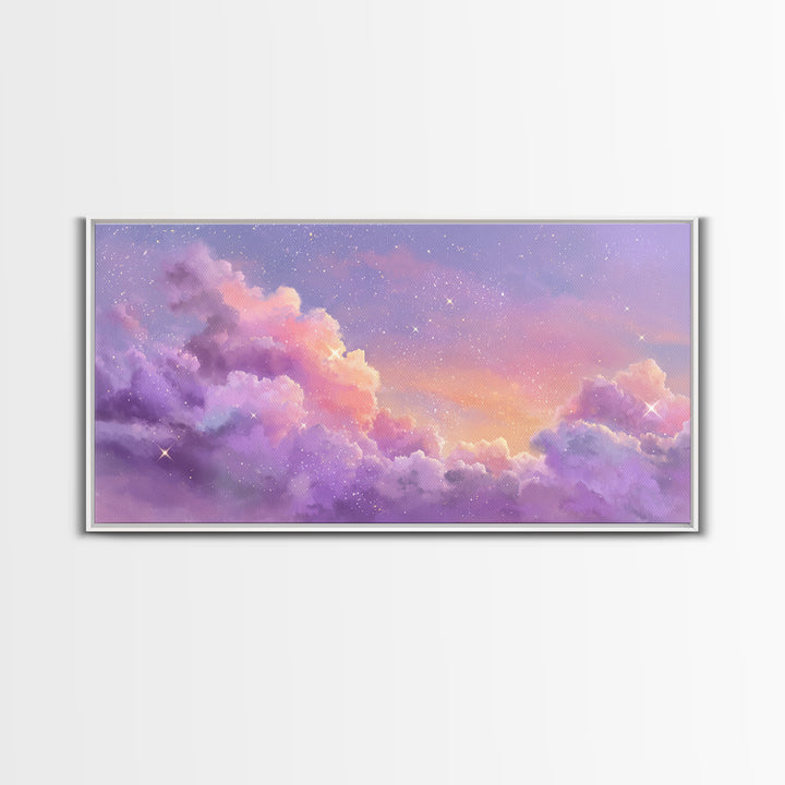 Purple Starry Clouds At Sunset Canvas Print, Dreamy Celestial Wall Decor, Pastel Sky Bedroom Art, Whimsical Room Decor Gift