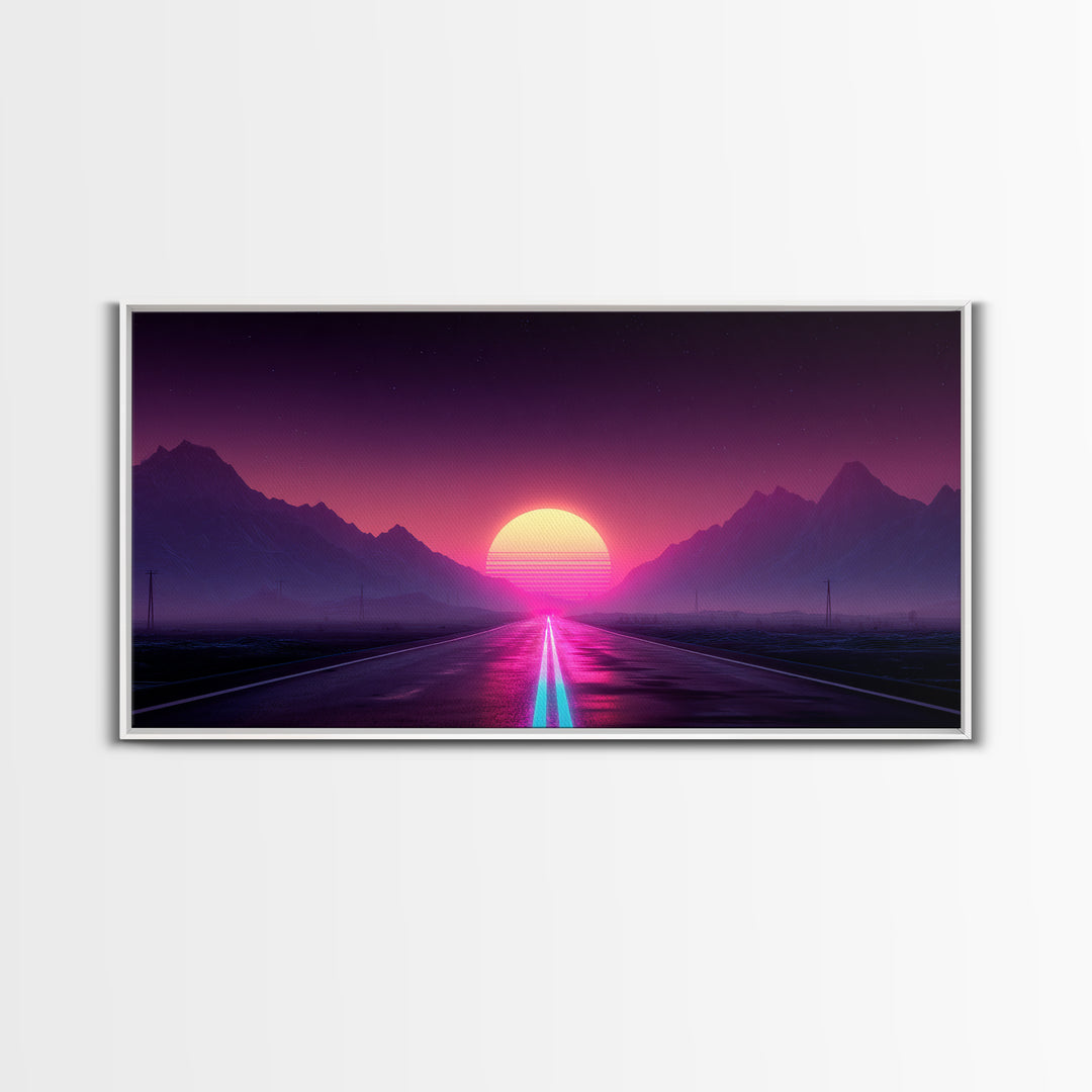 Surreal Sunset Road Landscape Featuring Mountains And Vibrant Sky Framed Canvas Print Modern Wall Art For Living Room