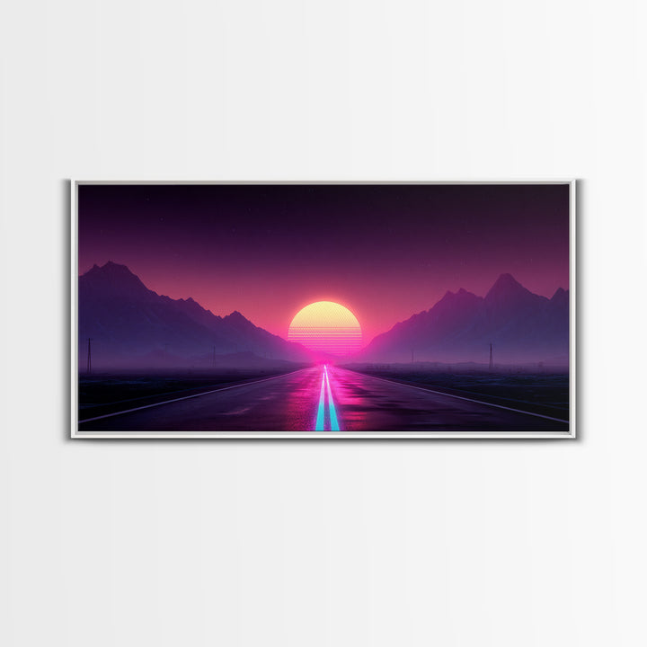 Surreal Sunset Road Landscape Featuring Mountains And Vibrant Sky Framed Canvas Print Modern Wall Art For Living Room
