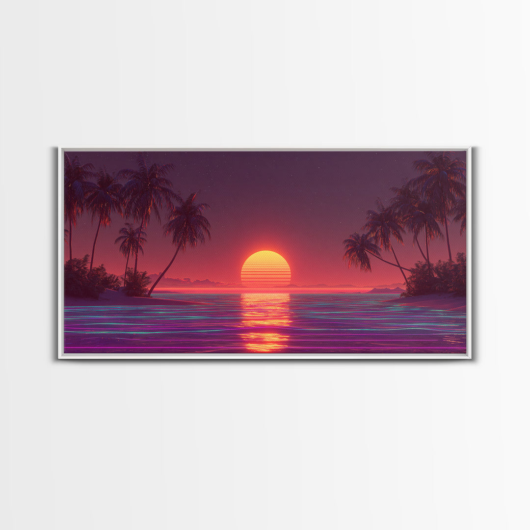 Vibrant Neon Red Sunset Over Ocean With Palm Trees Canvas Print Colorful Coastal Wall Art Tropical Beach Decor
