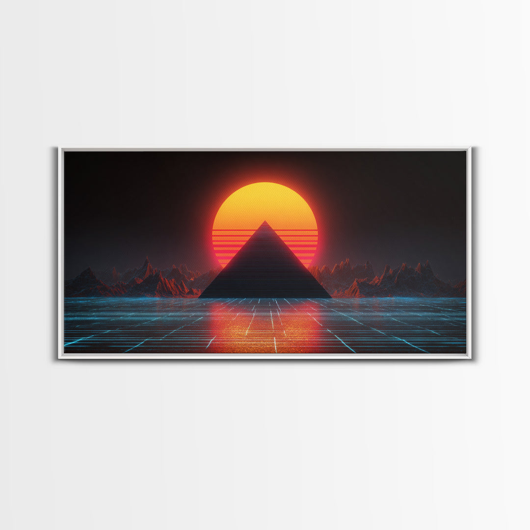 Retro Futuristic Neon Pyramid Sunset Sci Fi Digital Artwork Wall Art For Modern Home Office Decor Framed Canvas Print