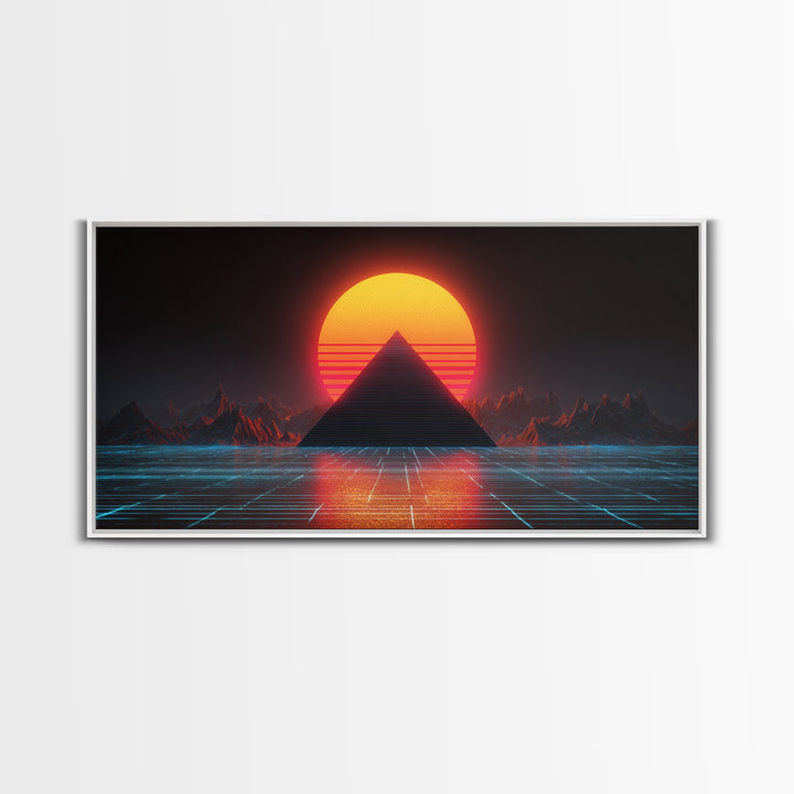 Retro Futuristic Neon Pyramid Sunset Sci Fi Digital Artwork Wall Art For Modern Home Office Decor Framed Canvas Print
