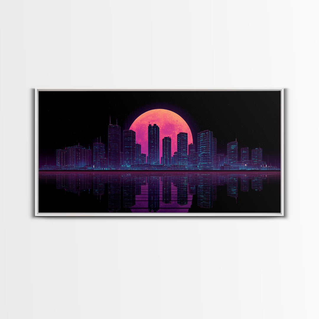 Futuristic Neon Cityscape Night Skyline With Pink Full Moon Canvas Print Urban Wall Art Print Decor