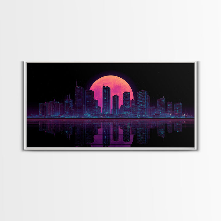 Futuristic Neon Cityscape Night Skyline With Pink Full Moon Canvas Print Urban Wall Art Print Decor