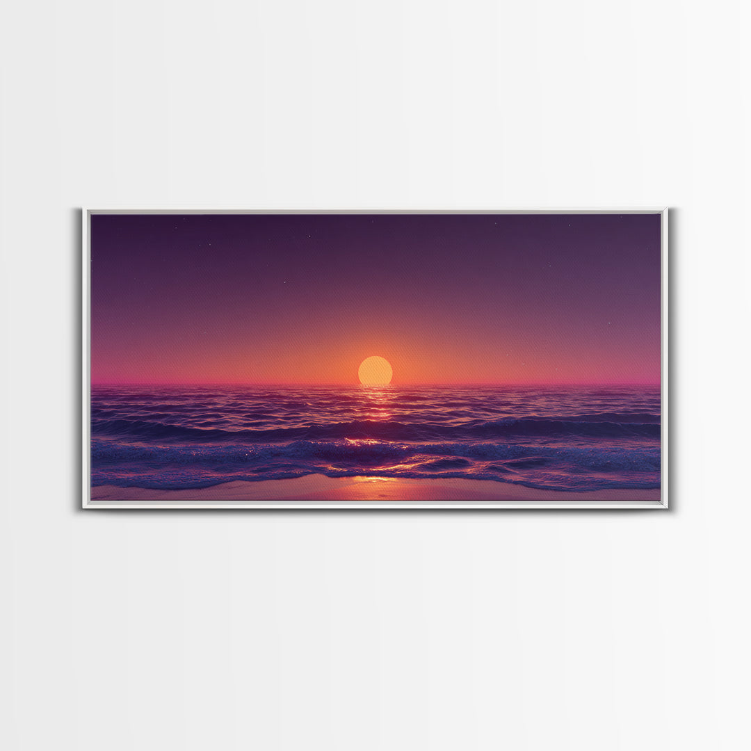 Vibrant Sunset Over Calm Ocean Waves With Pink And Purple Sky Beautiful Coastal Wall Art Framed Canvas Print For Bedroom Decor