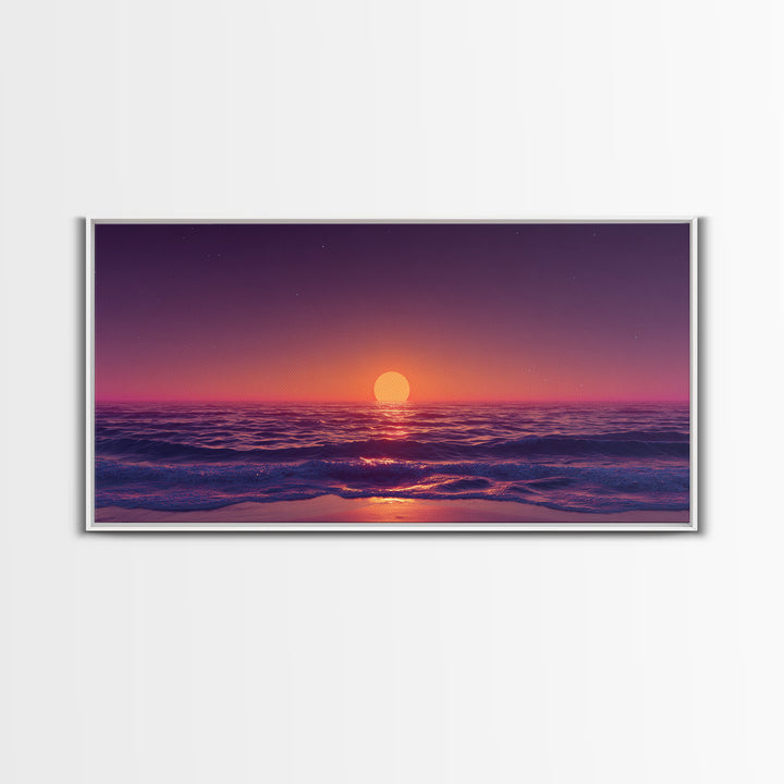 Vibrant Sunset Over Calm Ocean Waves With Pink And Purple Sky Beautiful Coastal Wall Art Framed Canvas Print For Bedroom Decor