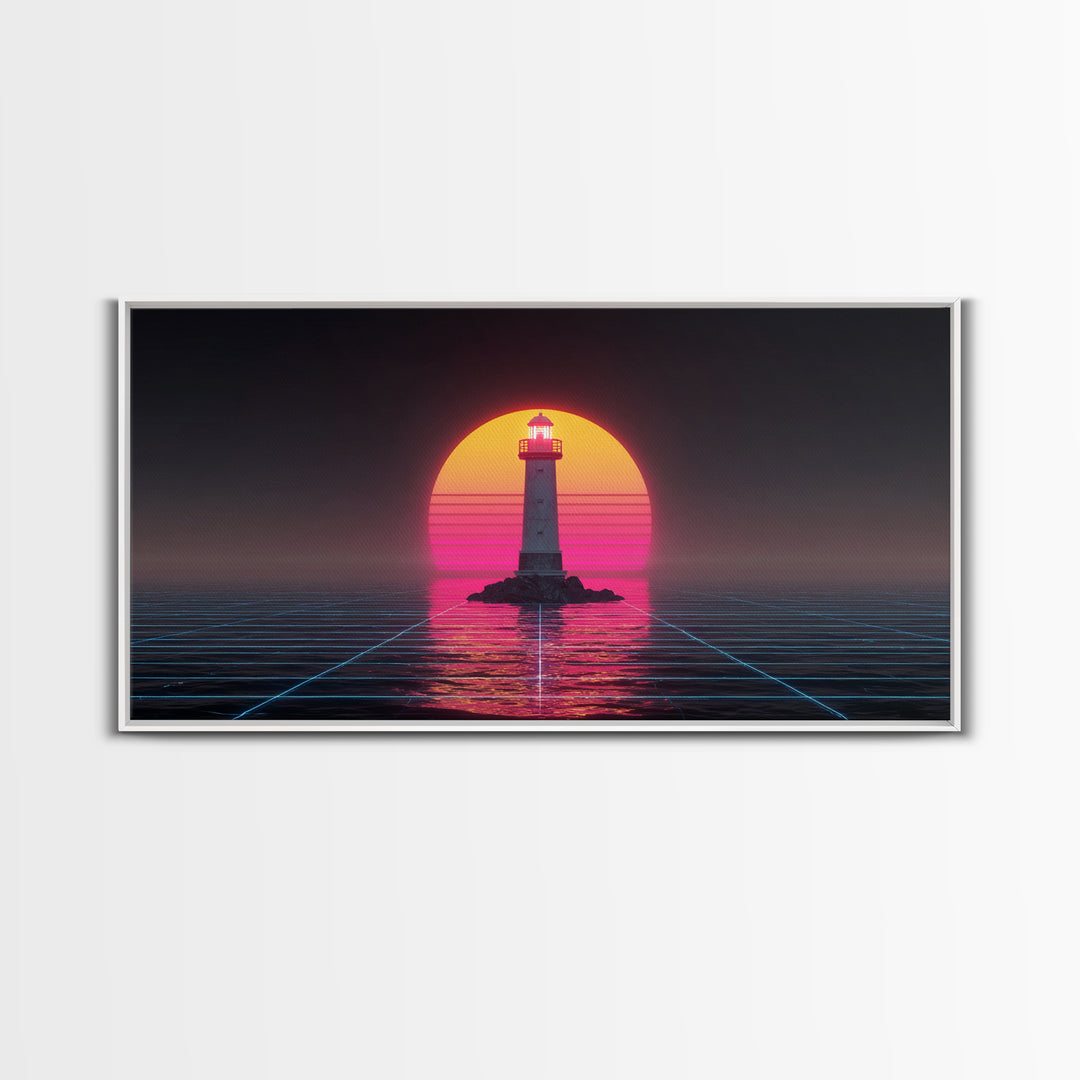 Retro Futuristic Neon Lighthouse Digital Painting Canvas Print Trendy Wall Art Modern Home Decor For Living Room And Office