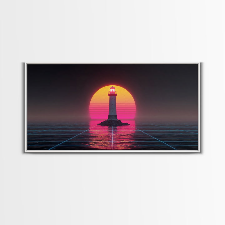 Retro Futuristic Neon Lighthouse Digital Painting Canvas Print Trendy Wall Art Modern Home Decor For Living Room And Office