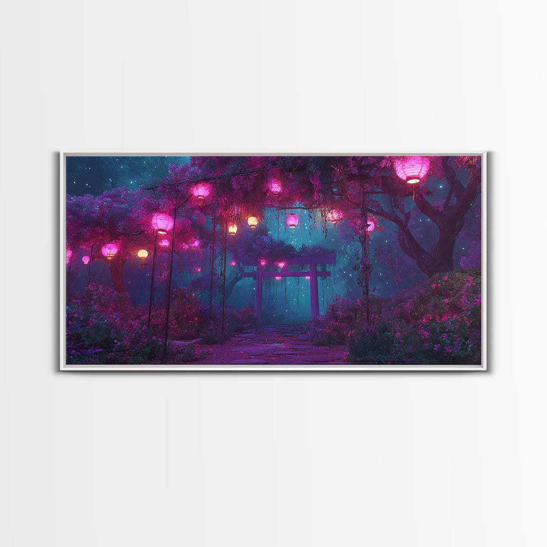 Tranquil Japanese Garden Pathway With Lanterns And Torii Gate At Night Atmospheric Wall Art Canvas Print