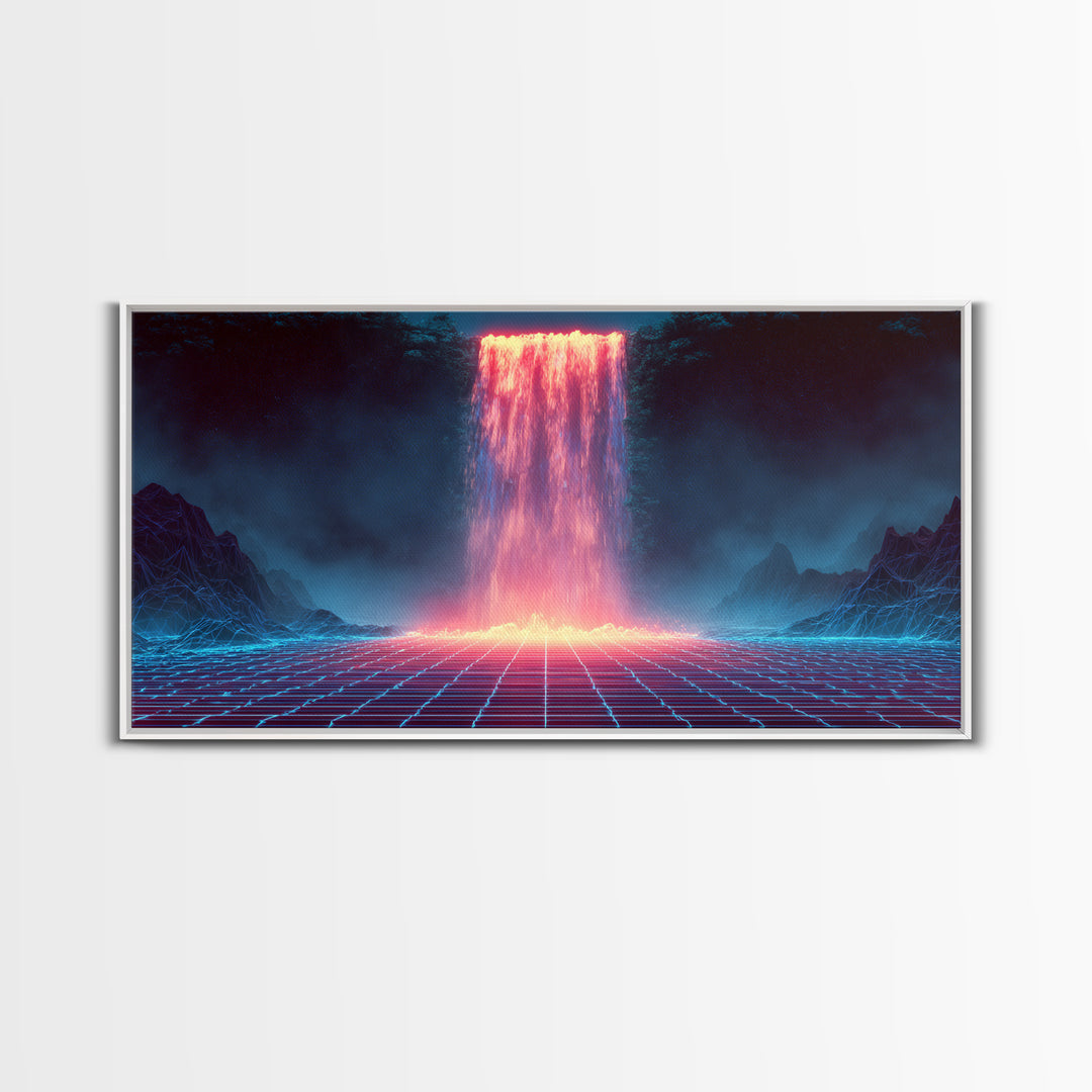 Glowing Neon Digital Waterfall With Futuristic Mountains Wall Art Framed Canvas Print Unique Modern Art Decor For Office Or Living Room