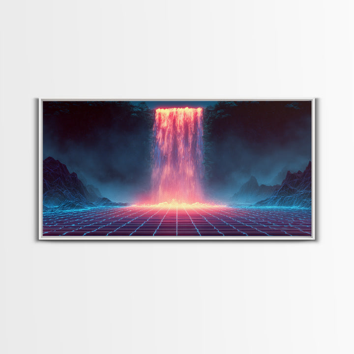 Glowing Neon Digital Waterfall With Futuristic Mountains Wall Art Framed Canvas Print Unique Modern Art Decor For Office Or Living Room
