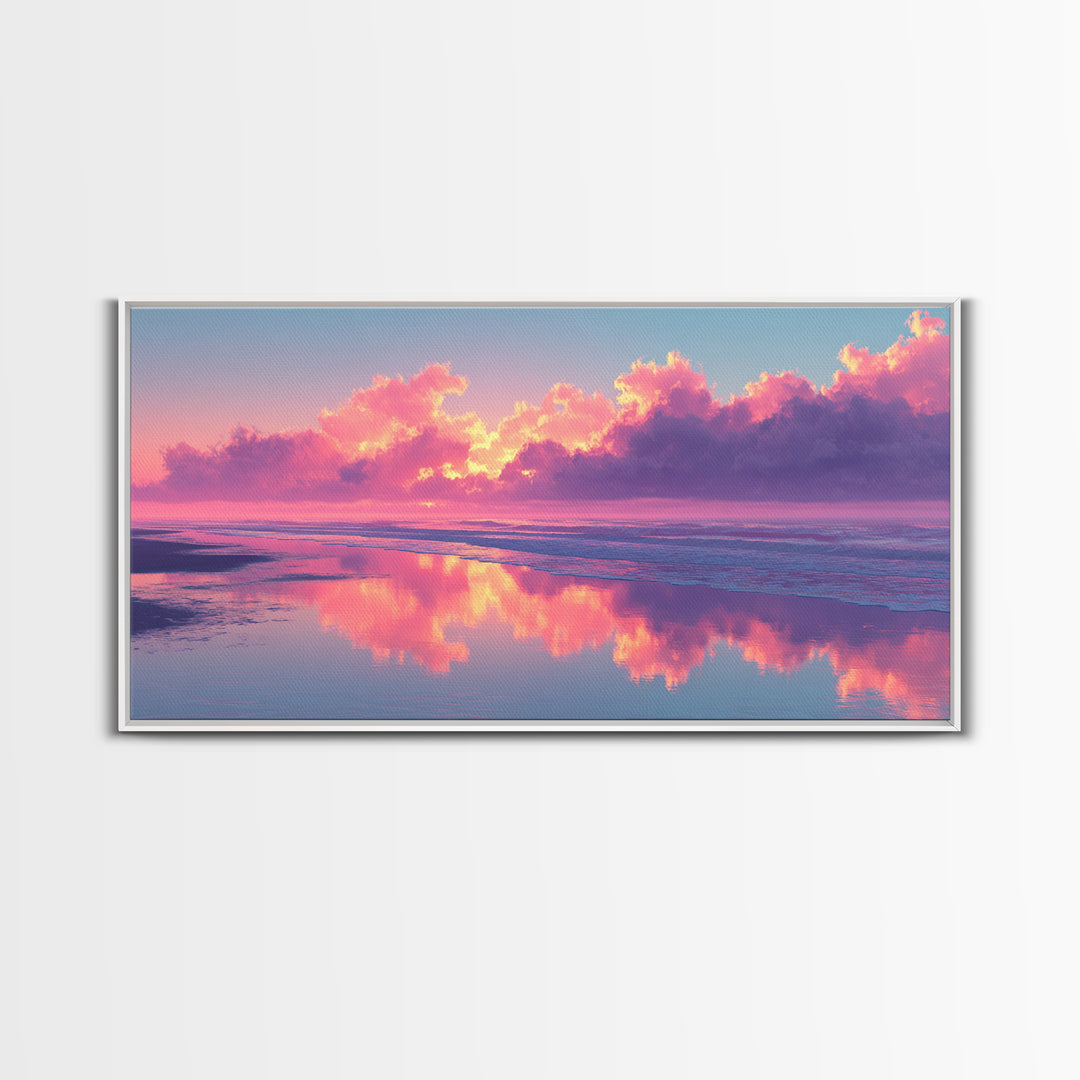 Surreal Pink Cloudy Beach Sunset Reflection Wall Art Framed Canvas Print For Living Room Home Decor Coastal Art